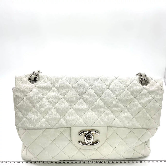 Chanel Classic Flap Maxi White Caviar Leather Silver-tone Hardware Giant CC Logo
