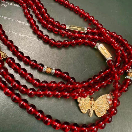 Ferragamo Vintage Rare Red Ruby Beads Necklace Gold Plated Butterfly Signed