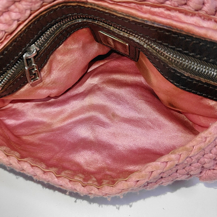 Fendi Baguette Bag Pink Crochet Knit Wool Pompom Shoulder Bag
