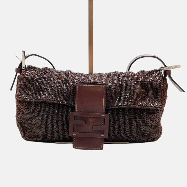 Fendi Baguette Vintage Dark Chocolate Brown Glitter Beads-Luxbags