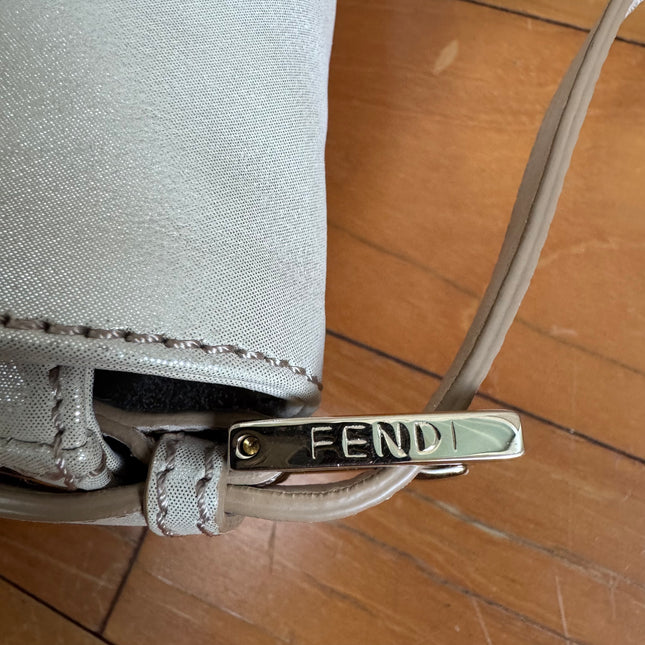 FENDI Baguette 1997 White Pearlescent Fabric Crystal Buckle Shoulder Bag