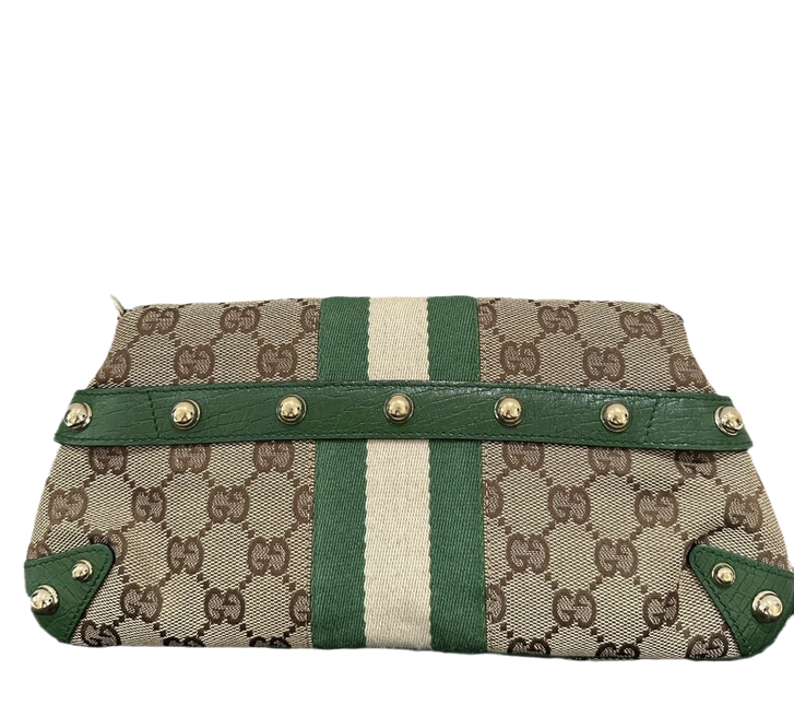 Sold Iconic Gucci Horsebit 1955 Chain Cloth Gucci Monogram Green Leather and Gold Studs