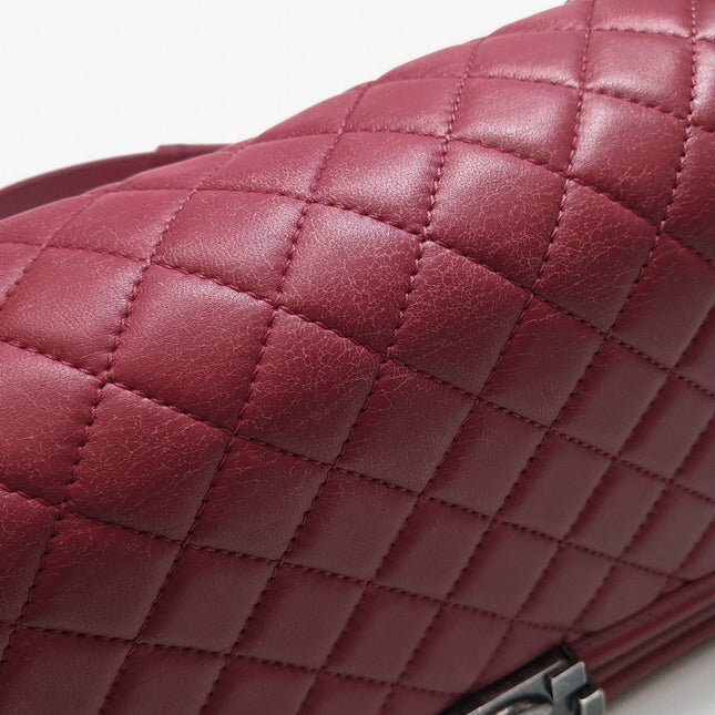 Chanel Le Boy Medium Bag Burgundy Lambskin Leather Silver Antiqued Hardware
