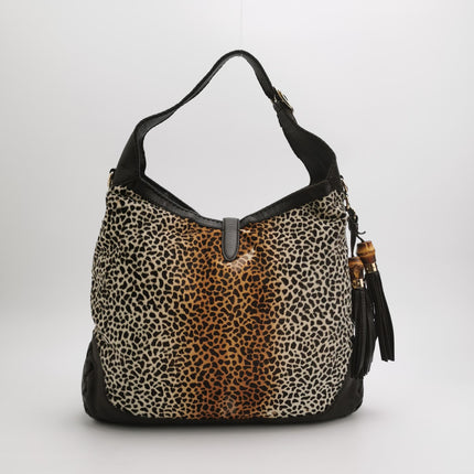 Gucci Jackie Vintage Large Leopard Print Pony-style Calfskin Brown Leather Shoulder Bag