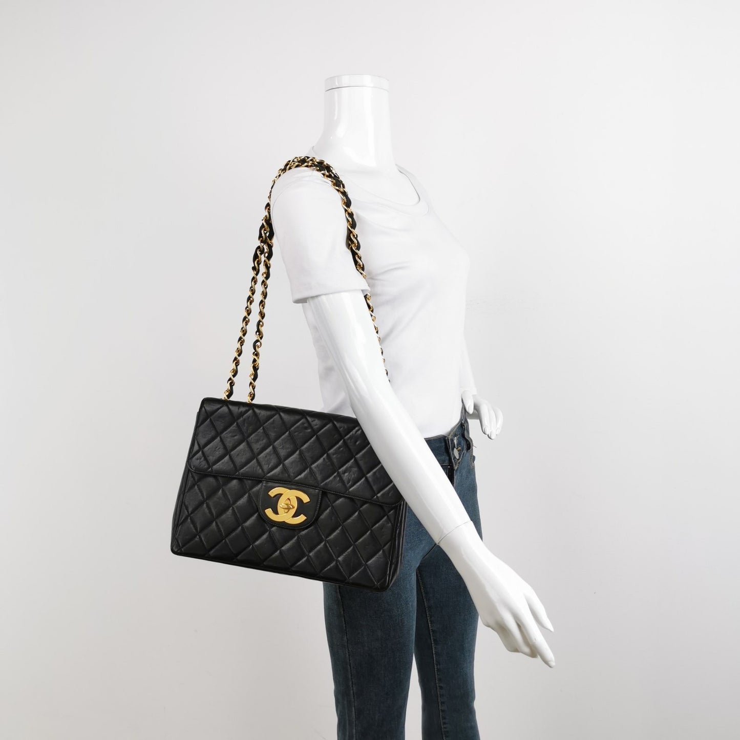 Sold Chanel Classic Flap Large 1994 Vintage Black Lambskin Leather 24k Gold Plated Mega CC Logo