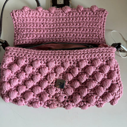 Fendi Baguette Bag Pink Crochet Knit Wool Pompom Shoulder Bag