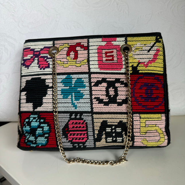 Rare Chanel Precious Symbols Needlepoint Shoulder Bag Shopper Tote