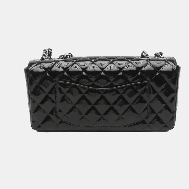 Chanel Baguette Flap Shoulder Bag Black Patent Leather Silver Double Chain