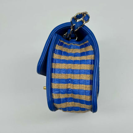 Chanel Mini Raffia Jute Striped Flap Bag Blue Diamond Wild Stitch