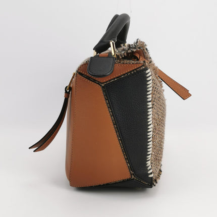 Loewe Puzzle Medium Brown Leather and Tweed Shoulder Bag