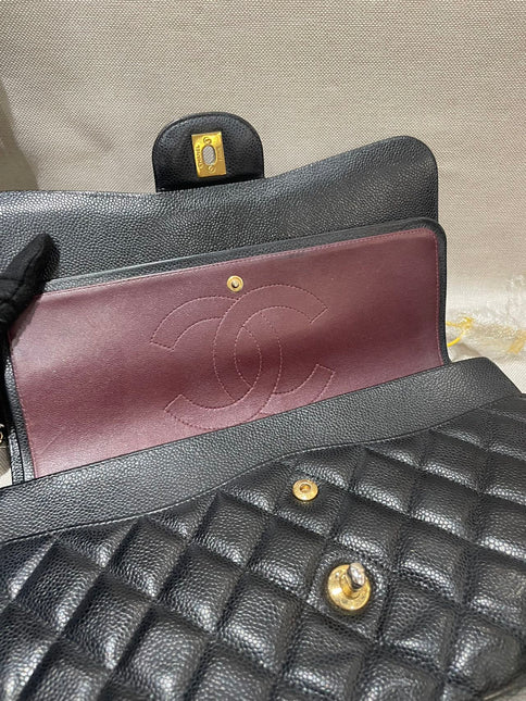 Chanel Classic Flap Jumbo 2012 Black Caviar Leather Double Flap Gold Hardware