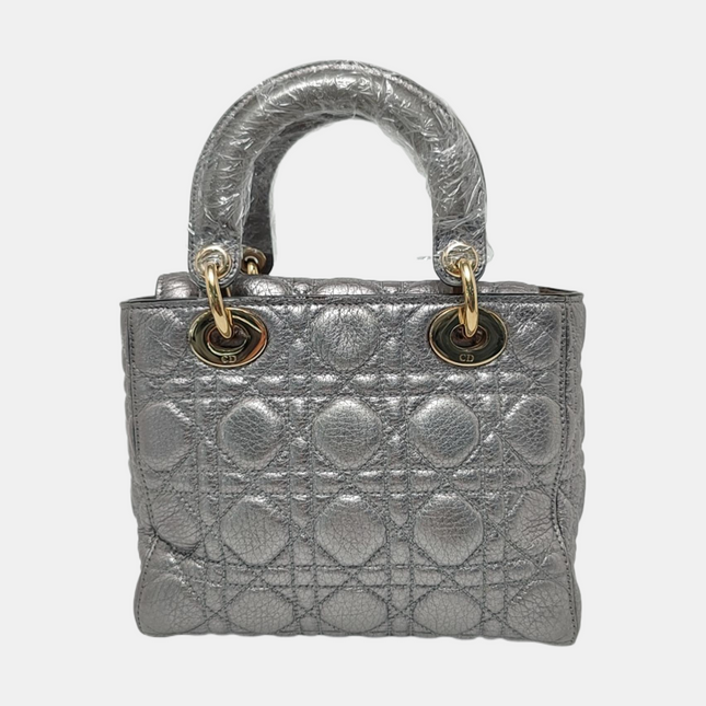 Lady Dior Small Supple Calfskin Leather Metallic Grey Cannage Handbag with Strap