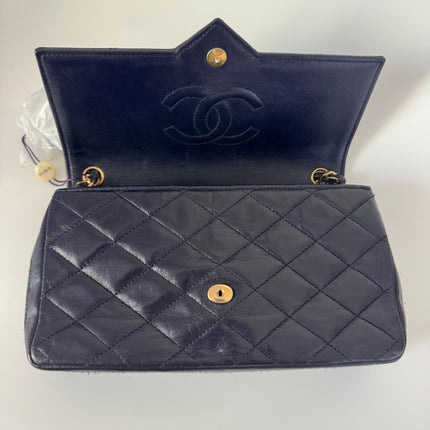 Chanel Vintage Classic Flap Mini Navy Lambskin Mega CC Logo 24k Gold HW, 1989-1991