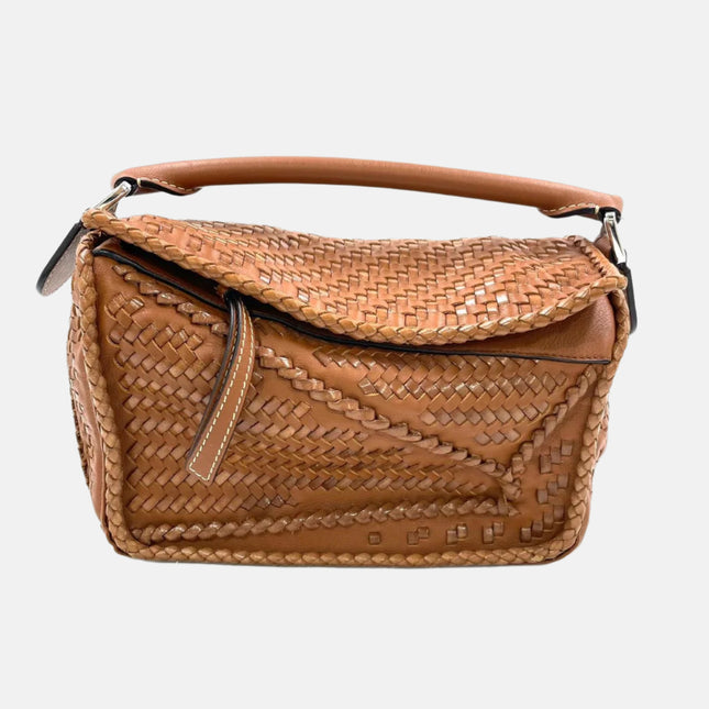 Loewe Puzzle Small Leather Woven Caramel Tan Crossbody Bag-Luxbags
