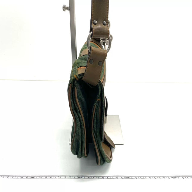 Dior Vintage Gaucho Large Green Denim Brown Leather Crossbody Bag