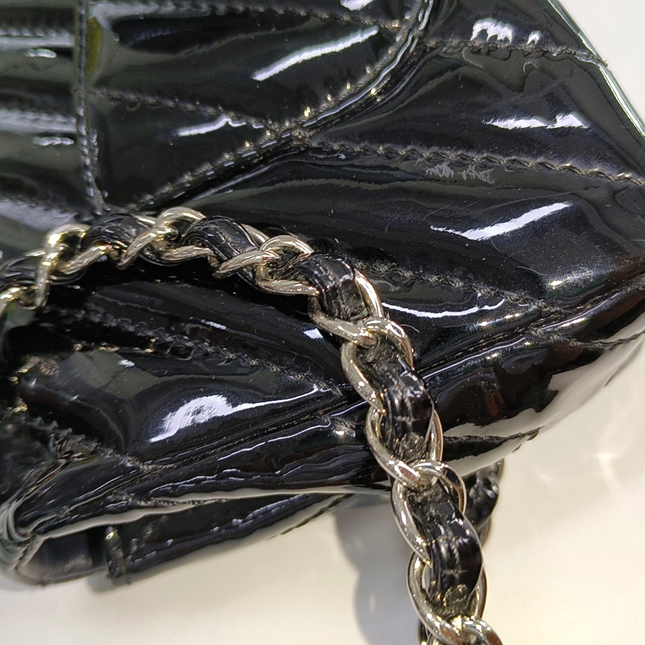 Sold Chanel Baguette Flap Shoulder Bag Chevron Black Patent Leather Silver Double Chain
