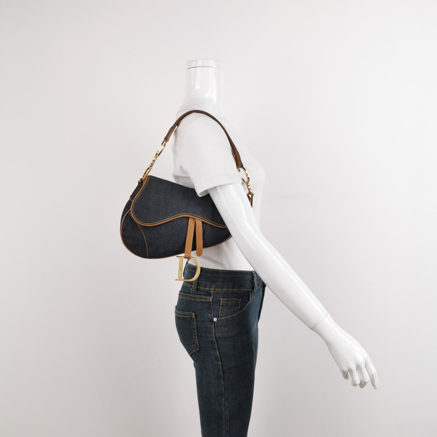 Sold Dior Saddle 2001 Navy Denim with Beige Leather Trim Shoulder Bag