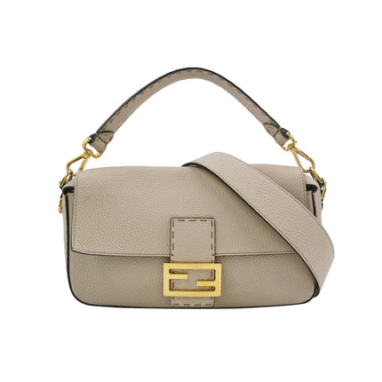 Fendi Baguette Selleria Medium White Grey Calfskin Leather Green Interior Crossbody Bag-Luxbags