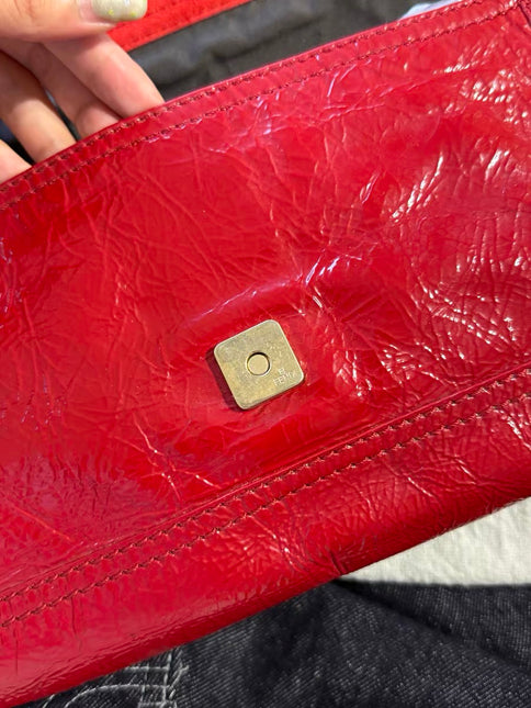 FENDI Baguette Red Crinkled Patent Leather Shoulder Bag