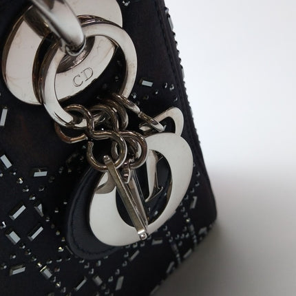 Lady Dior Mini Black Silk with Crystals Silver Hardware