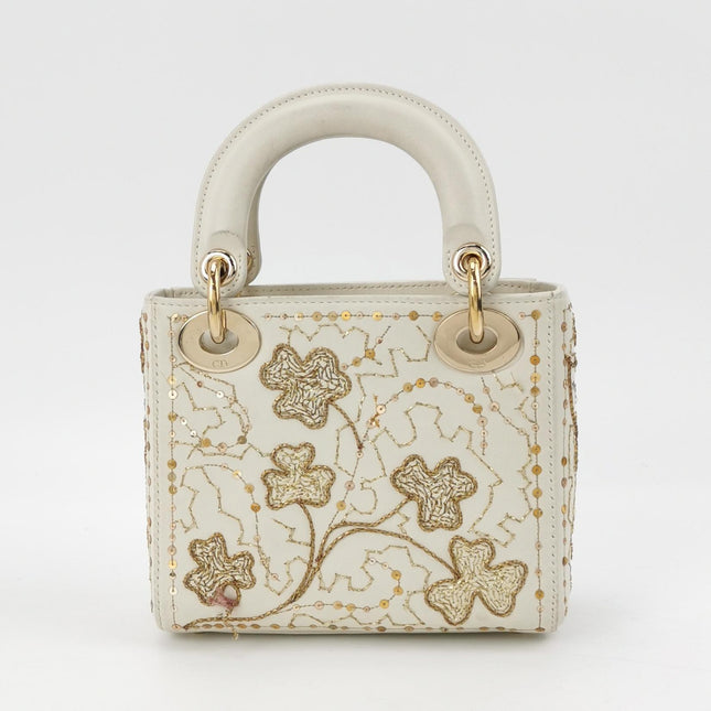 Lady Dior Mini 2018 Embroidered White Calfskin Leather Gold Beads Crossbody Bag