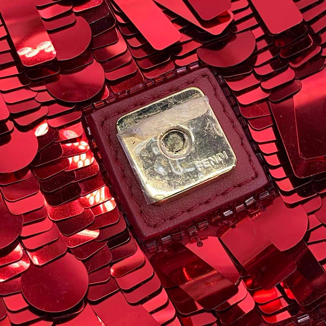 Fendi Baguette Medium Red Glitter Sequins Shoulder Bag