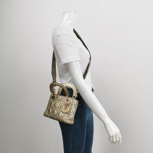 Sold Lady Dior Mini Supple Calfskin Leather Gold Cannage Handbag with Strap