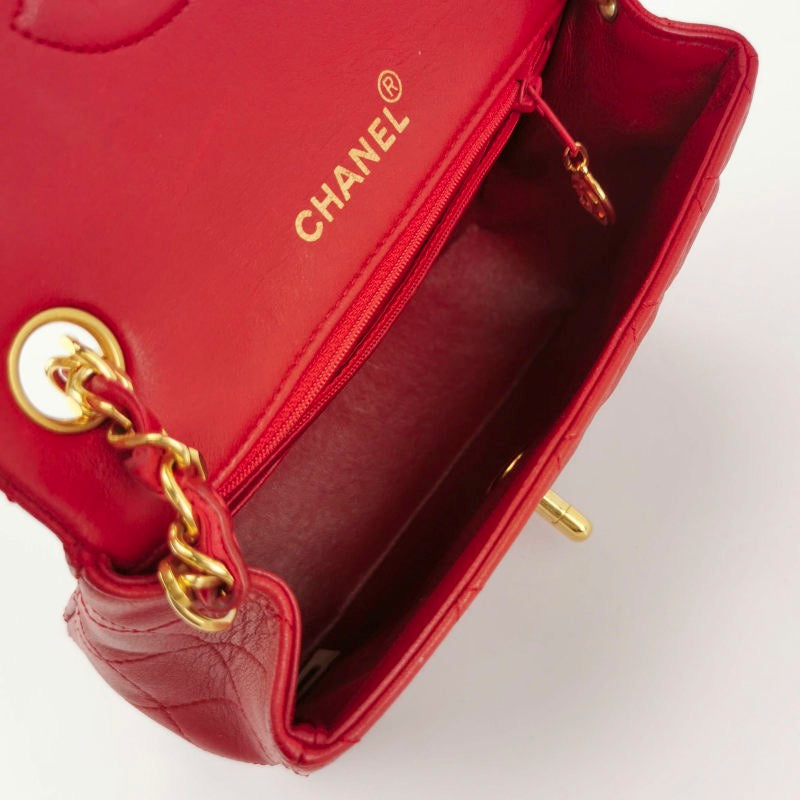 Chanel Vintage Classic Flap Mini Square Red Lambskin 24k Gold HW, 1989-1991