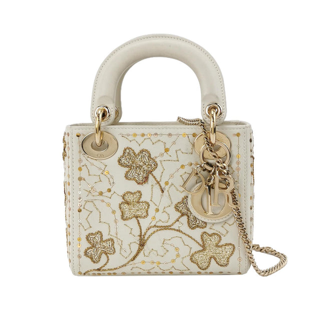Lady Dior Mini 2018 Embroidered White Calfskin Leather Gold Beads Crossbody Bag