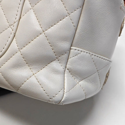 Chanel Cambon Medium Shoulder Bag White Calfskin Leather Snake-skin CC Logo Black Double Strap