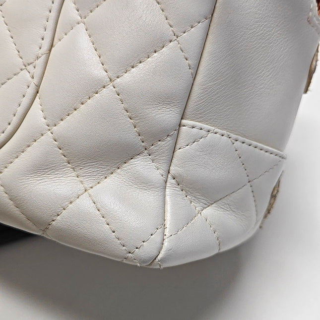 Chanel Cambon Medium Shoulder Bag White Calfskin Leather Snake-skin CC Logo Black Double Strap