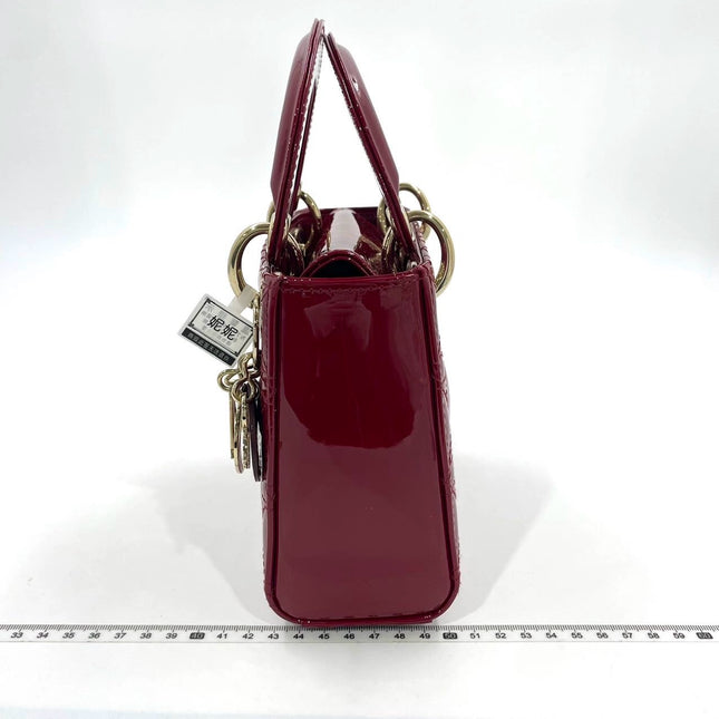 Lady Dior Mini Handbag Burgundy Red Patent Leather Gold-tone Chain Strap