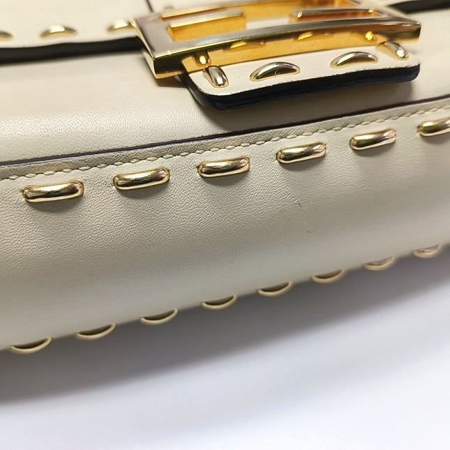 Fendi Baguette Selleria Medium White Calfskin Leather Gold Studs Crossbody Bag