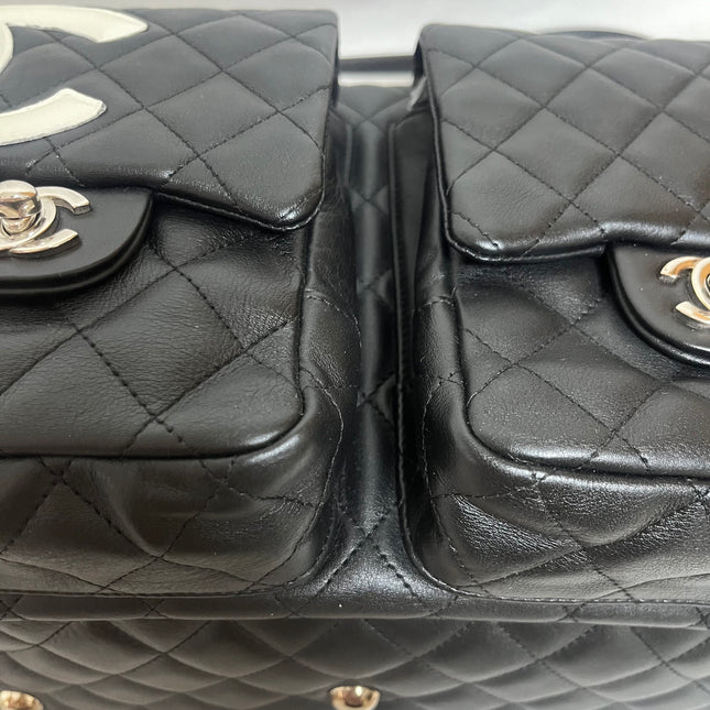 Chanel Cambon Multi-pocket Ligne Reporter Bag Large Black Calfskin Leather White Logo