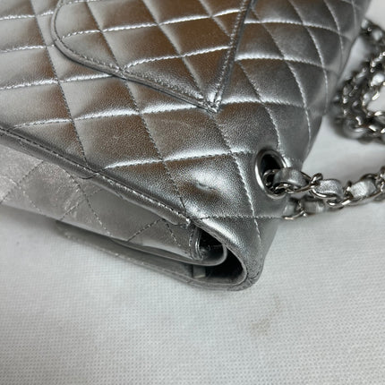 Chanel Classic Flap Medium Silver Lambskin Leather Silver Hardware