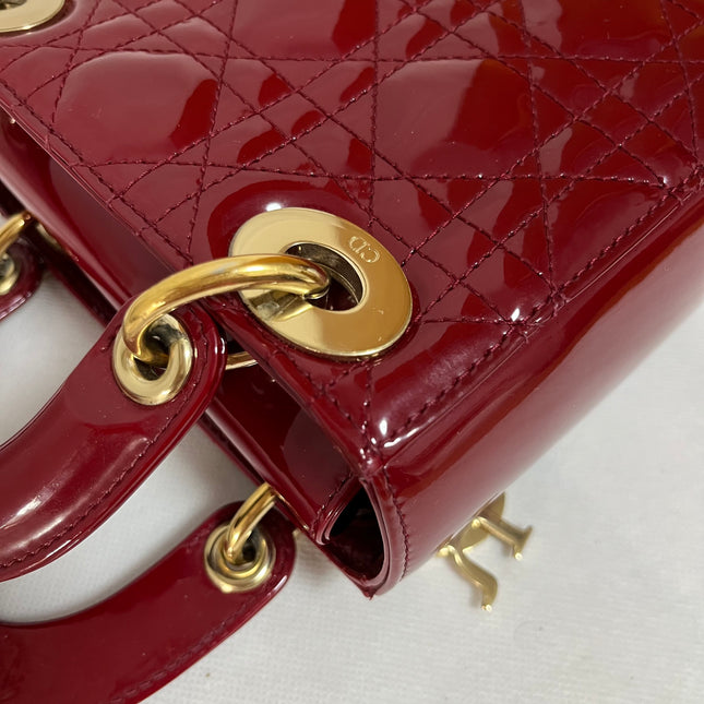 Lady Dior Mini Handbag 2019 Burgundy Red Patent Leather Gold-tone Chain Strap