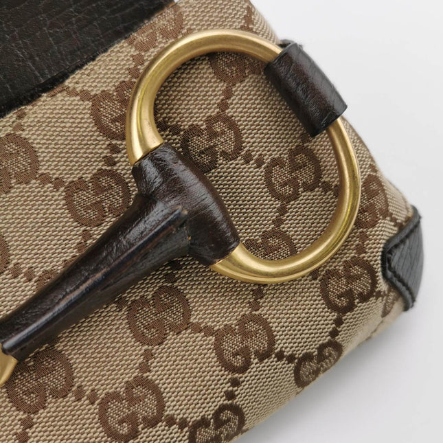 Sold Gucci Horsebit 1955 Chain Clutch Small Cloth Beige Monogram Brown Leather Shoulder bag