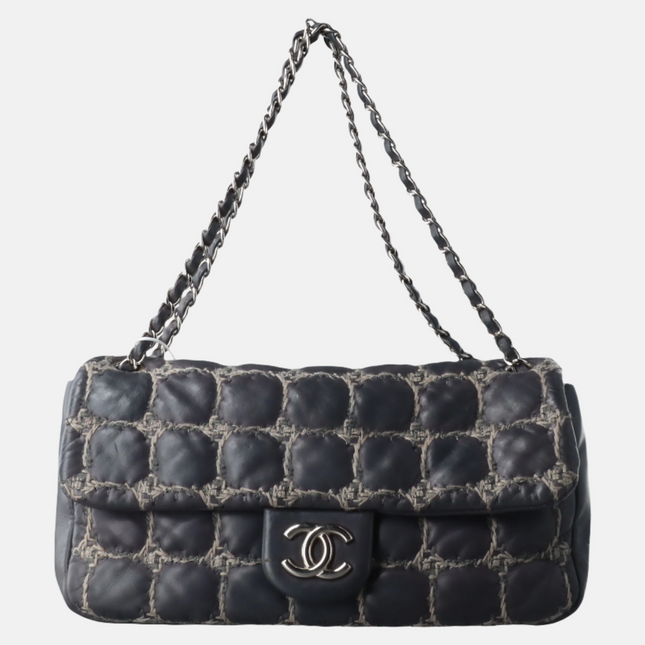 Chanel Tweed Square Stitch on Leather Bubble Grey Medium Shoulder Bag-Luxbags