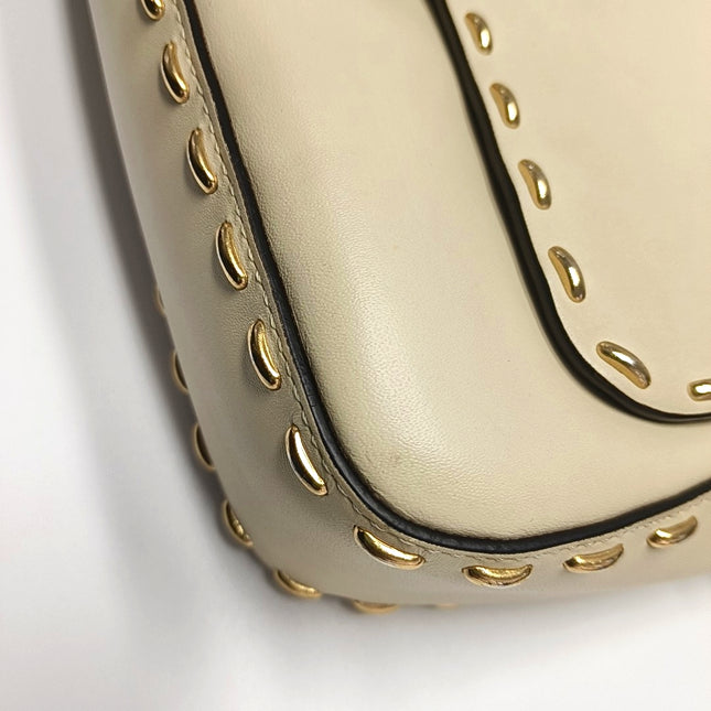 Fendi Baguette Selleria Medium White Calfskin Leather Gold Studs Crossbody Bag