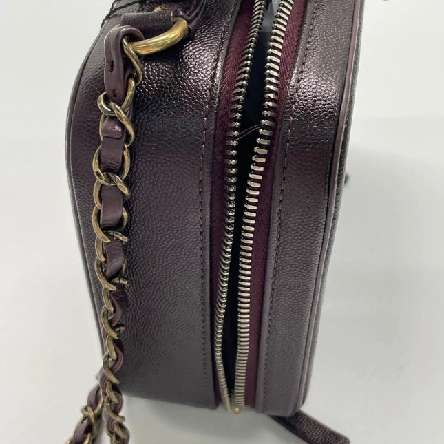 Chanel Filigree Medium Vanity Case Iridescent Burgundy Caviar Leather Top Handle with Chain