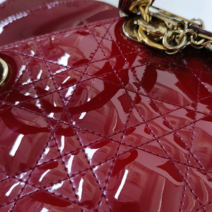 Lady Dior Mini Handbag Burgundy Red Patent Leather Gold-tone Chain Strap
