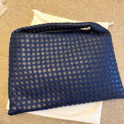 Bottega Veneta Hop Large Leather and Denim Intrecciato Navy Hobo Bag 55cm