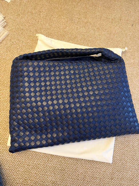 Bottega Veneta Hop Large Leather and Denim Intrecciato Navy Hobo Bag 55cm