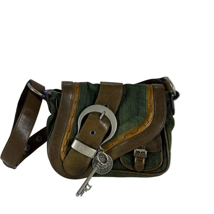 Dior Vintage Gaucho Mini Green Denim Brown Leather Crossbody Bag 2006
