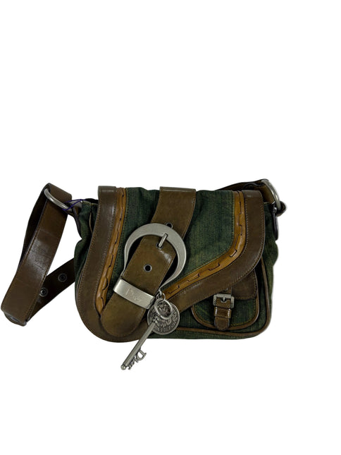 Dior Vintage Gaucho Mini Green Denim Brown Leather Crossbody Bag 2006