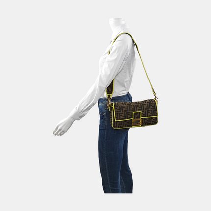 FENDI Baguette Zucca Monogram Canvas with Lime Neon trimming Crossbody Bag