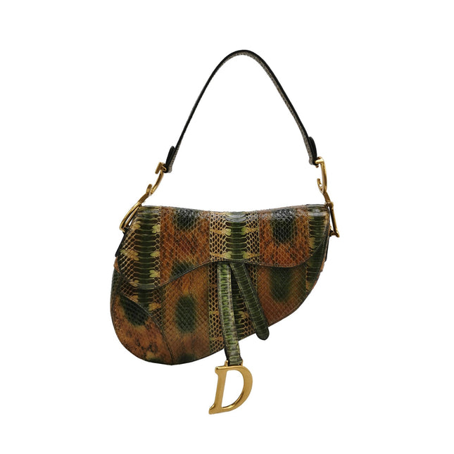 Dior Saddle Medium Green and Brown Snake-Skin Leather Bag-Luxbags