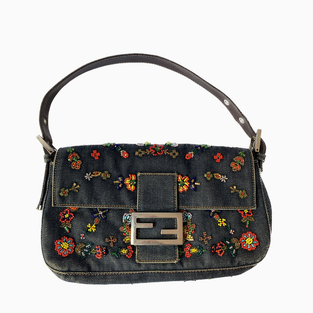 FENDI Baguette Blue Denim with beaded Flower Embroidery-Luxbags