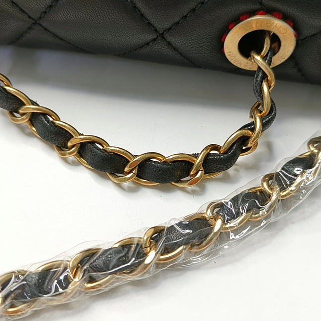Chanel Black Lambskin Red Stitching Single Flap Double Chain Bag 2017