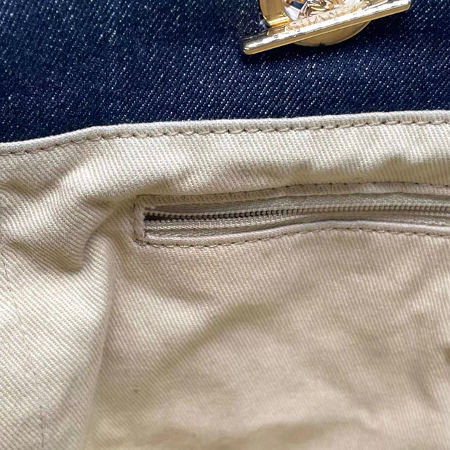 Chanel Deauville Tote Navy Denim Cloth Leather Chain Strap Small 34cm